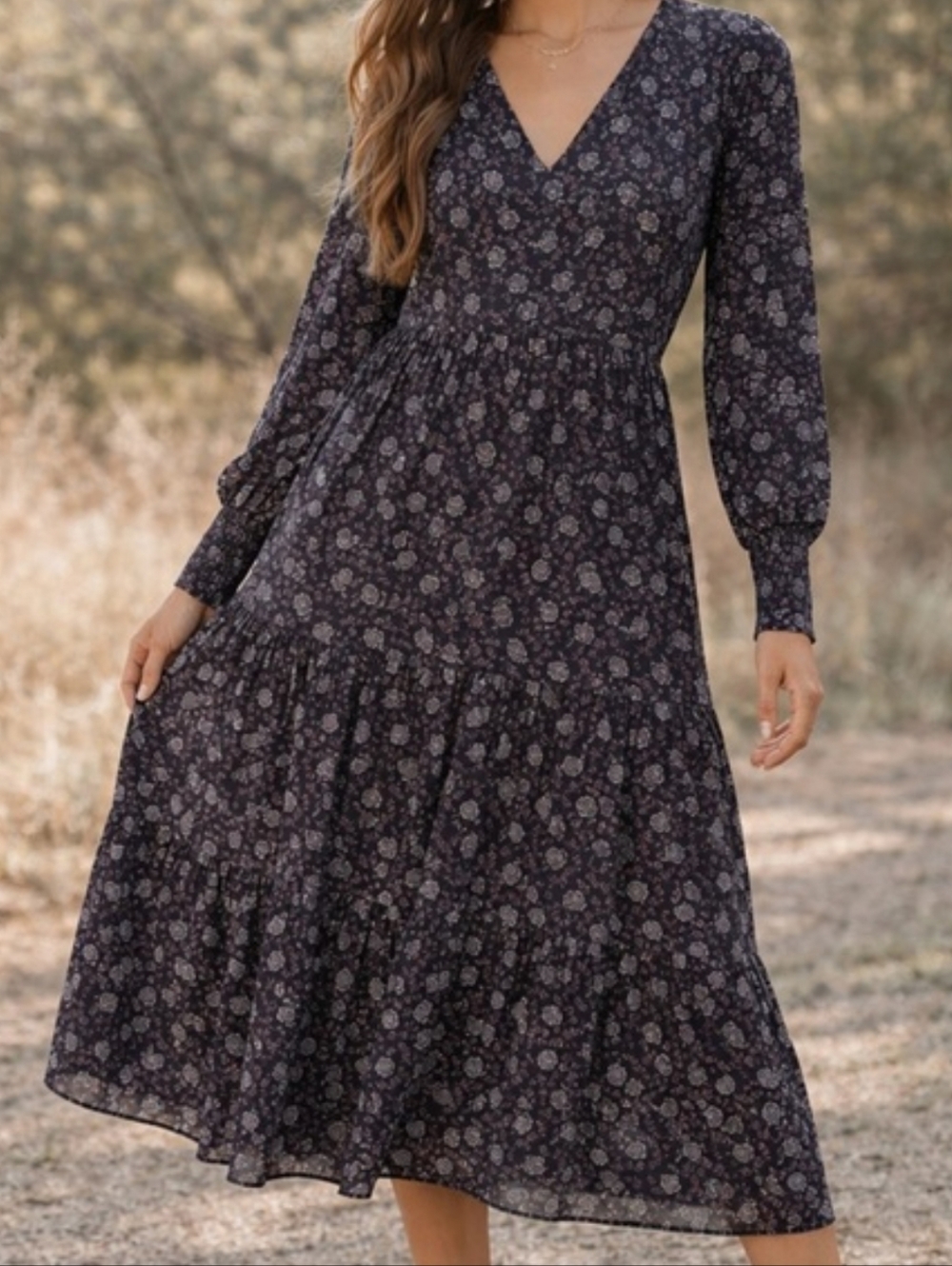 Madewell Black Floral Maxi Long Puff Sleeve & Tiered Skirt, Size M